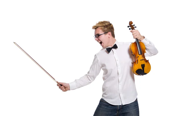 Joven violinista divertido aislado en blanco — Foto de Stock