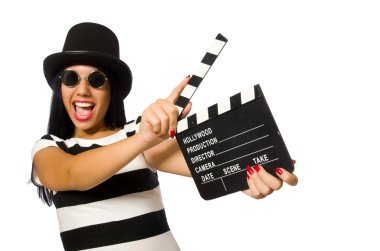 Woman with movie clapper on white clipart