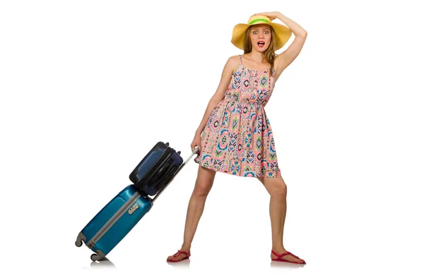 Woman with suitcase isolated on white — Stock Photo, Image