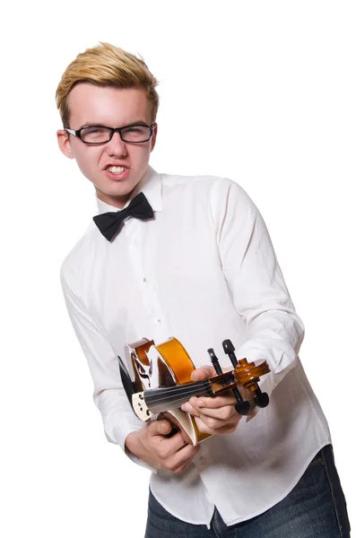 Joven violinista divertido aislado en blanco —  Fotos de Stock