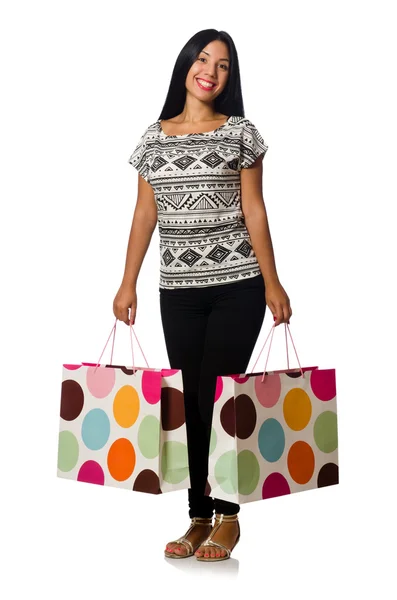 Donna con shopping bags isolata su bianco — Foto Stock