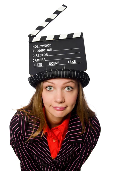 Woman with movie board isolated on the white — Stock Photo, Image