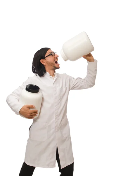 Zabawny lekarz z białka słoiki na białym tle — Zdjęcie stockowe