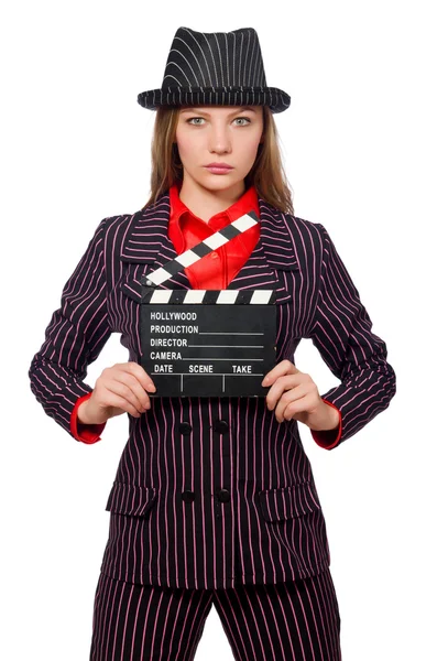 Mulher com placa de filme isolado no branco — Fotografia de Stock