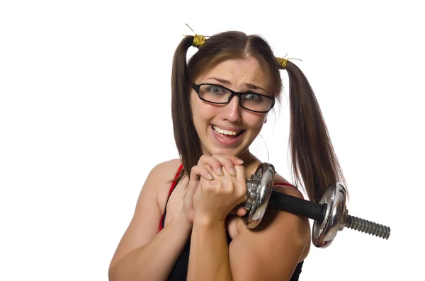 Mujer haciendo ejercicio con pesas aisladas sobre blanco — Foto de Stock