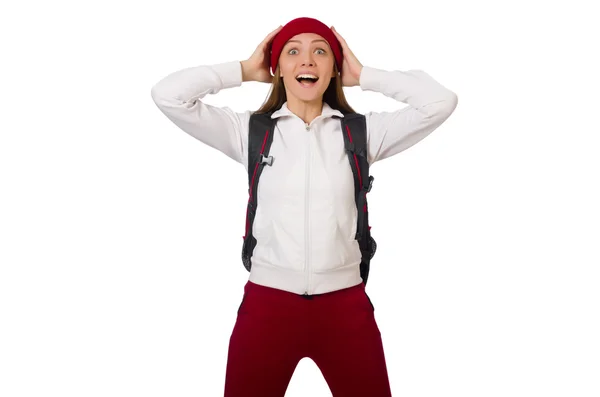 Funny student with backpack isolated on white — Stock Photo, Image