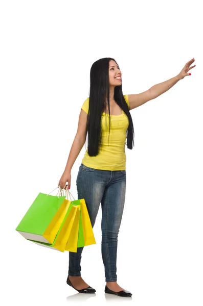 Donna con shopping bags isolata su bianco — Foto Stock