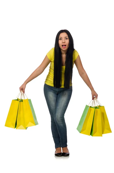 Donna con shopping bags isolata su bianco — Foto Stock