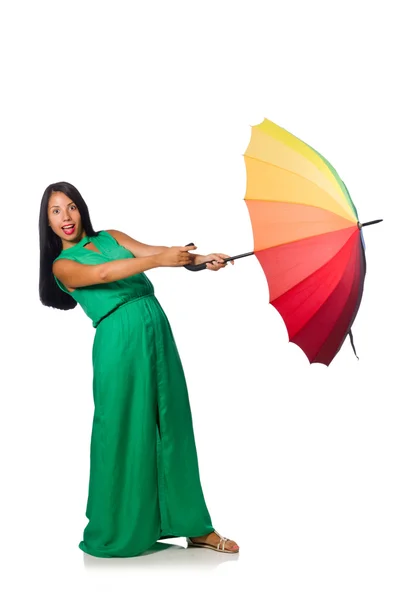 Femme avec parapluie isolé sur blanc — Photo