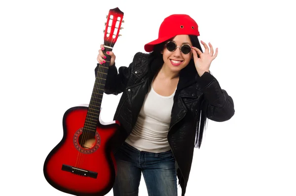 Frau spielt Gitarre isoliert auf weißem Grund — Stockfoto