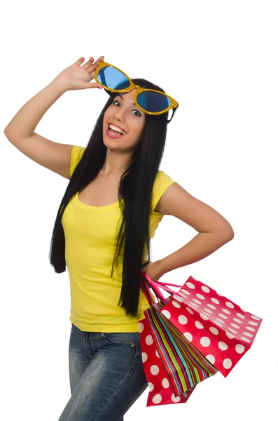 Femme avec des sacs à provisions isolés sur blanc — Photo