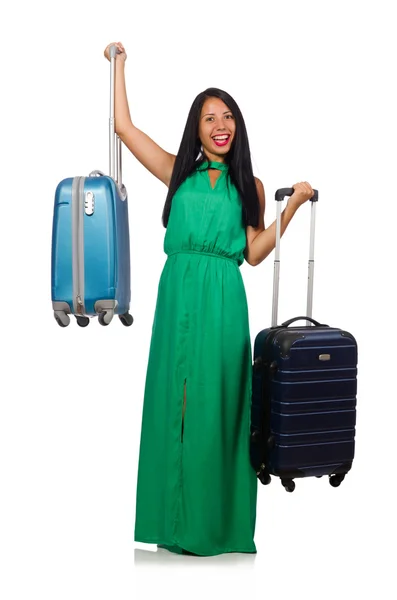 Жінка з валізою ізольована на білому — стокове фото