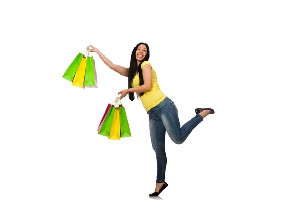 Frau mit Einkaufstaschen isoliert auf weißem Grund — Stockfoto