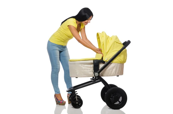 Vrouw met baby en kinderwagen geïsoleerd op wit — Stockfoto