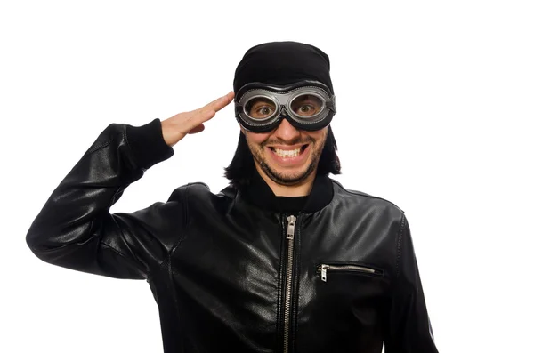 Jeune homme avec des lunettes aviateur sur blanc — Photo