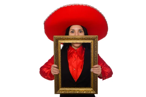 Mexican woman with picture frame isolated on white — Stock Photo, Image