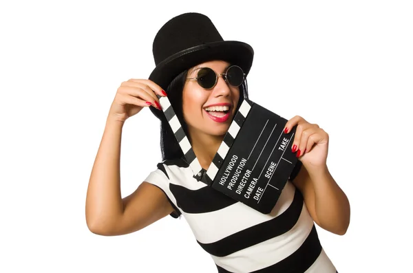 白の映画クラッパーを持つ女性 — ストック写真