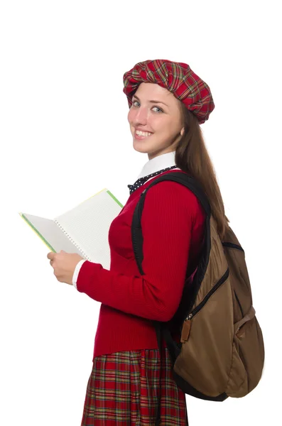 Mädchen in schottischer Schottenkleidung isoliert auf weißem Grund — Stockfoto