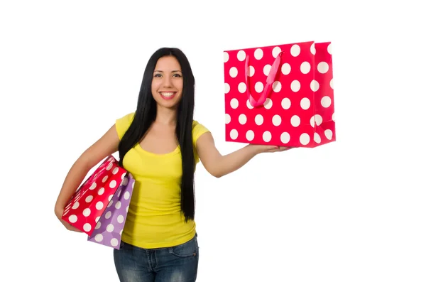 Donna con shopping bags isolata su bianco — Foto Stock