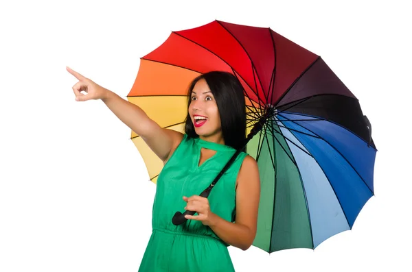 Woman with umbrella isolated on white — Stock Photo, Image