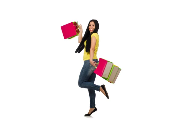 Mulher com sacos de compras isolados em branco — Fotografia de Stock