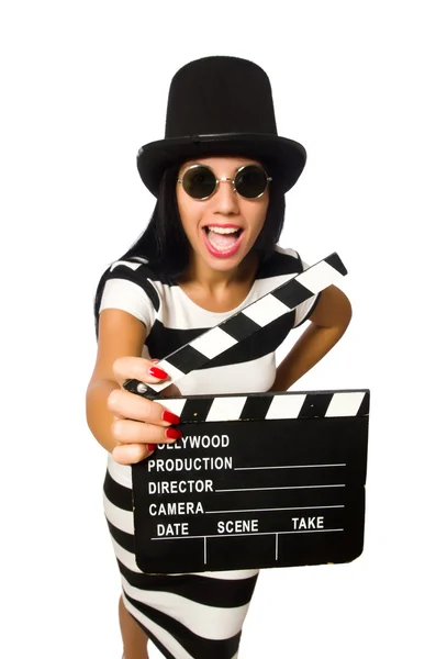Vrouw met film klepel op wit — Stockfoto