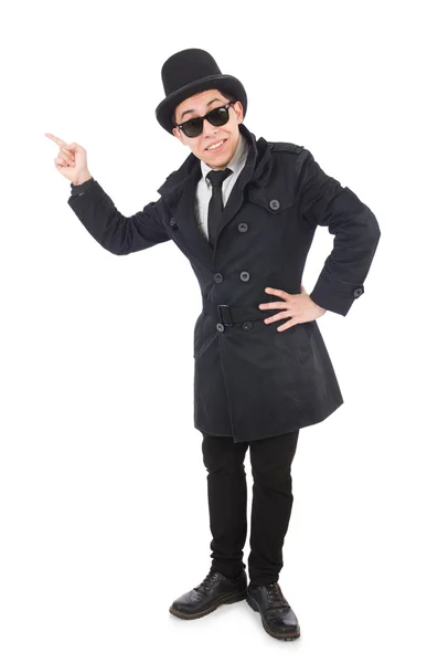 Giovane detective in cappotto nero isolato su bianco — Foto Stock