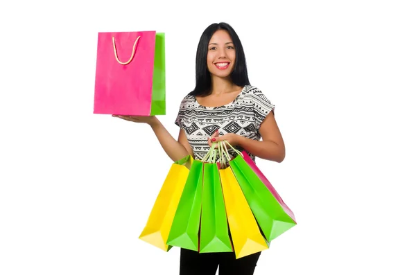 Femme avec des sacs à provisions isolés sur blanc — Photo