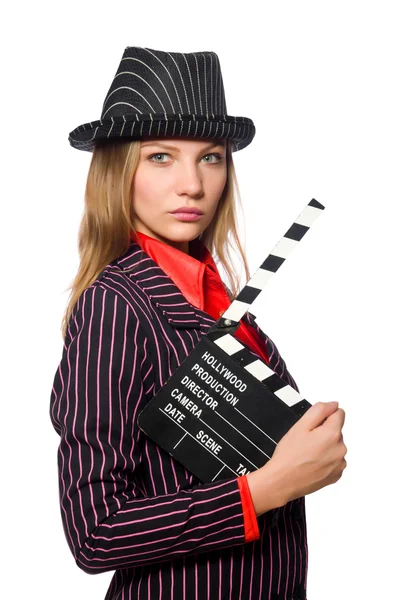Woman with movie board isolated on the white — Stock Photo, Image