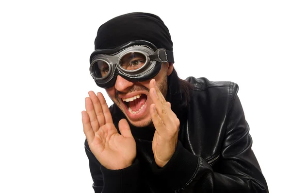 Jeune homme avec des lunettes aviateur sur blanc — Photo