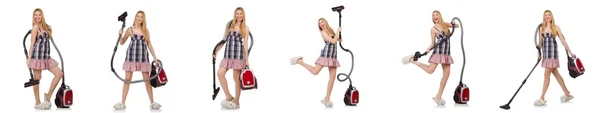 Young woman with vacuum cleaner on white — Stock Photo, Image