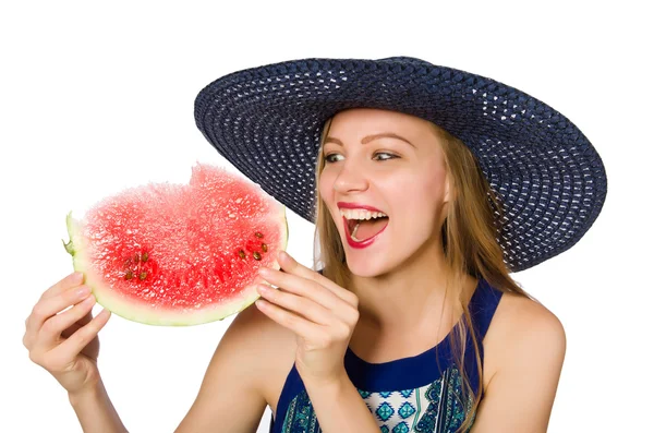 Woman eating watermelon isolated on white — Stock Photo, Image