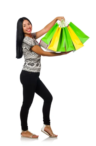 Mujer con bolsas aisladas en blanco —  Fotos de Stock