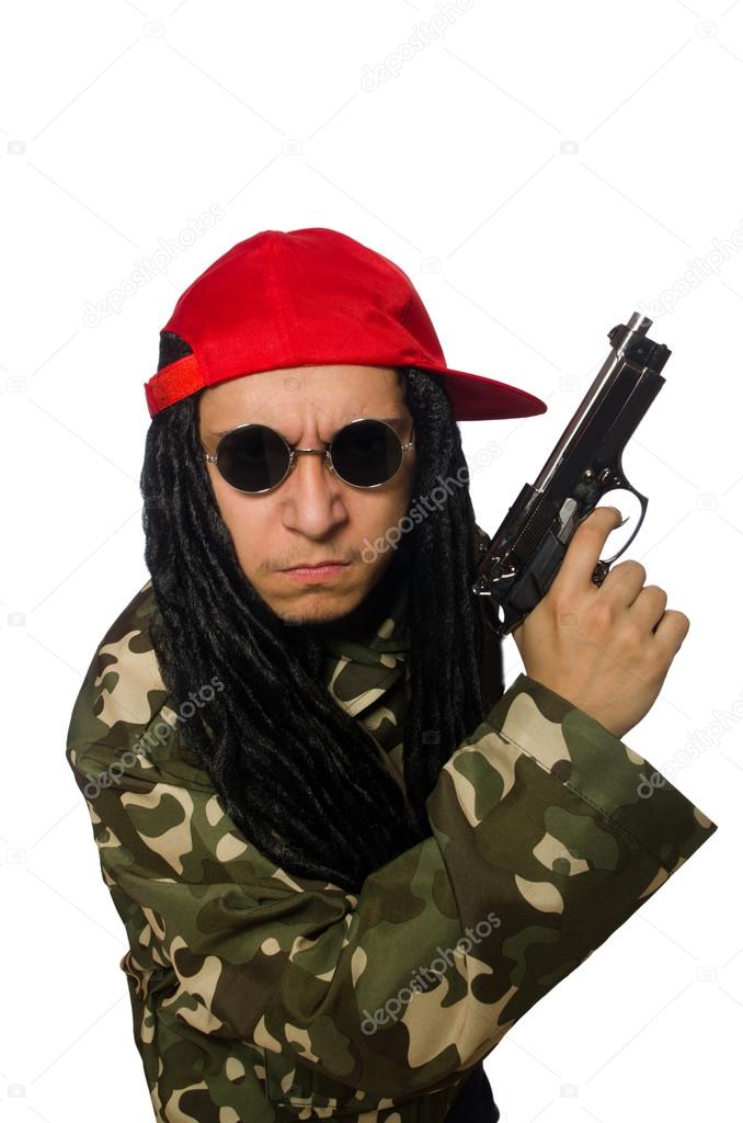 Funny guy with gun isolated on white