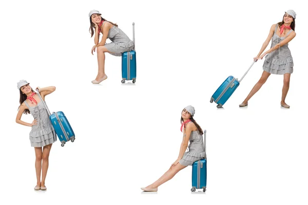 Mujer viajera con maleta aislada en blanco —  Fotos de Stock