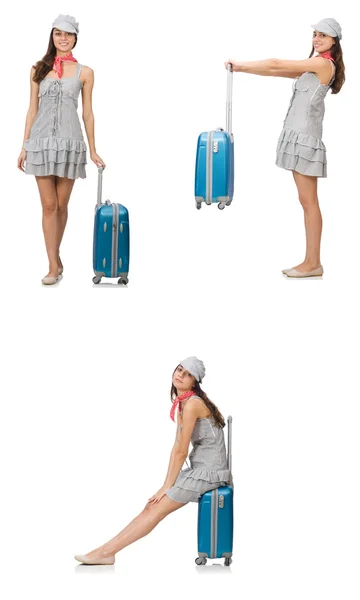 Travelling woman with suitcase isolated on white — Stock Photo, Image