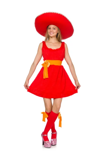 Woman wearing sombrero on the white — Stock Photo, Image