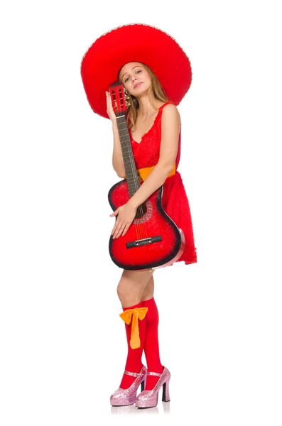 Frau mit Sombrero spielt Gitarre auf Weiß — Stockfoto