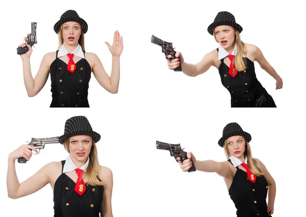 Gangster woman with handgun on white — Stock Photo, Image