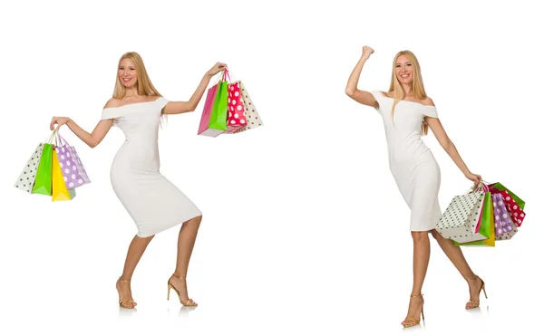 Donna con shopping bags isolata su bianco — Foto Stock