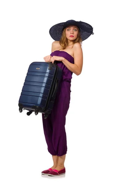 Woman with suitcase isolated on white — Stock Photo, Image