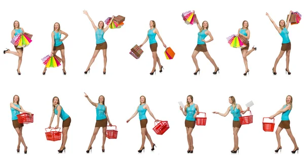 Woman with shopping bags isolated on white — Stock Photo, Image