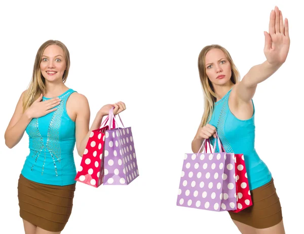 Mujer con bolsas aisladas en blanco —  Fotos de Stock