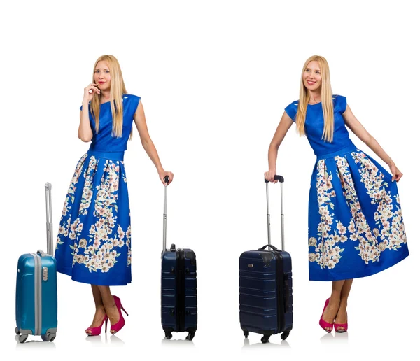 Travelling woman with suitcase isolated on white — Stock Photo, Image