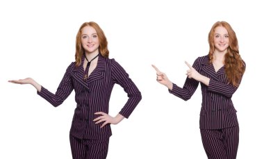 Çeşitli pozlardaki iş kadını beyazlar içinde izole edilmiş.