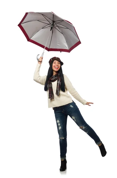 Mulher com guarda-chuva isolado no branco — Fotografia de Stock