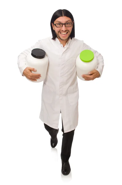 白で隔離タンパク質瓶と面白い医者 — ストック写真