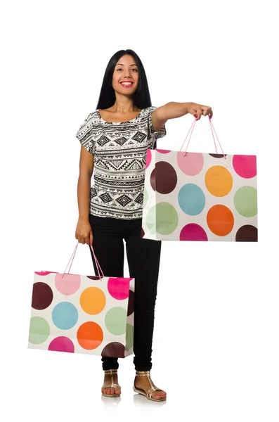 Donna con shopping bags isolata su bianco — Foto Stock