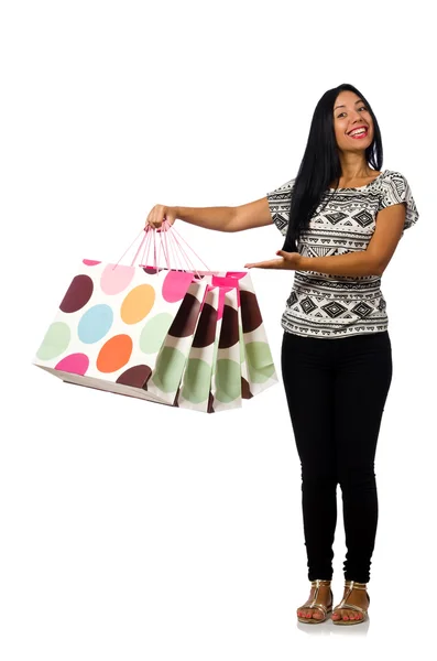 Donna con shopping bags isolata su bianco — Foto Stock