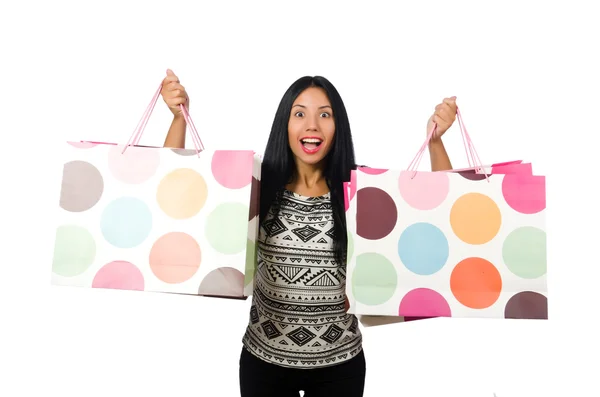 Mulher com sacos de compras isolados em branco — Fotografia de Stock